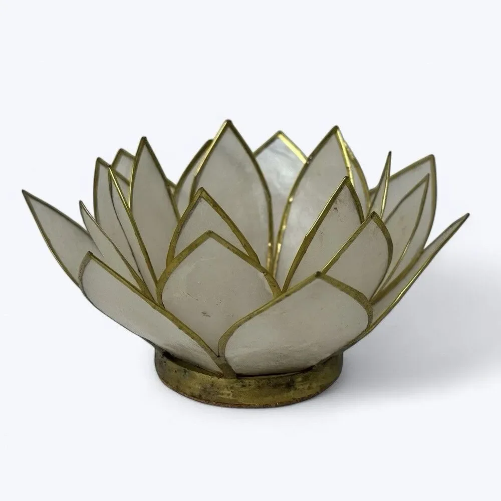 Capiz Shell Lotus‎ Tealight Candle Holder Cork Bottom Brass Trim Delicate